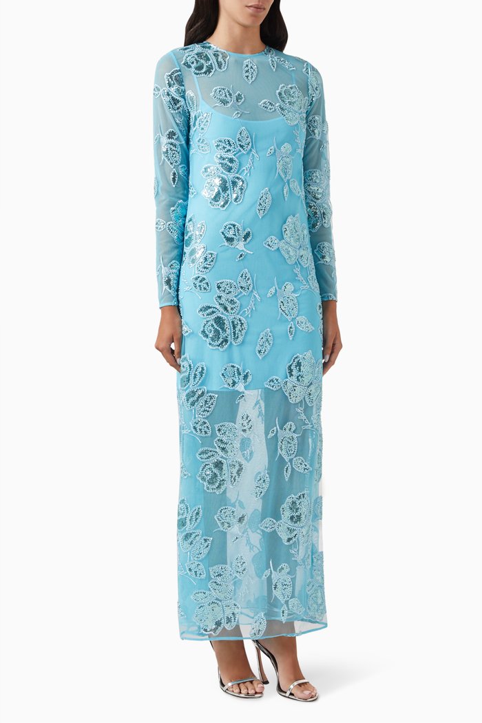 

Beaded Midi Dress in Recycled Polyester, Blue