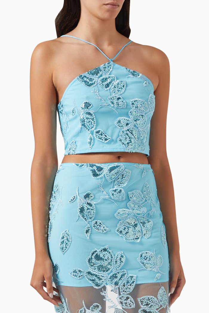 

Beaded Crop Top in Recycled Polyester, Blue