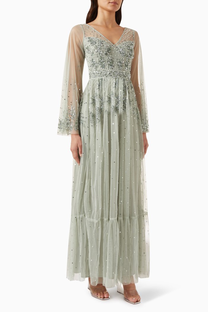 

Leaf-embellished Maxi Dress in Tulle, Green