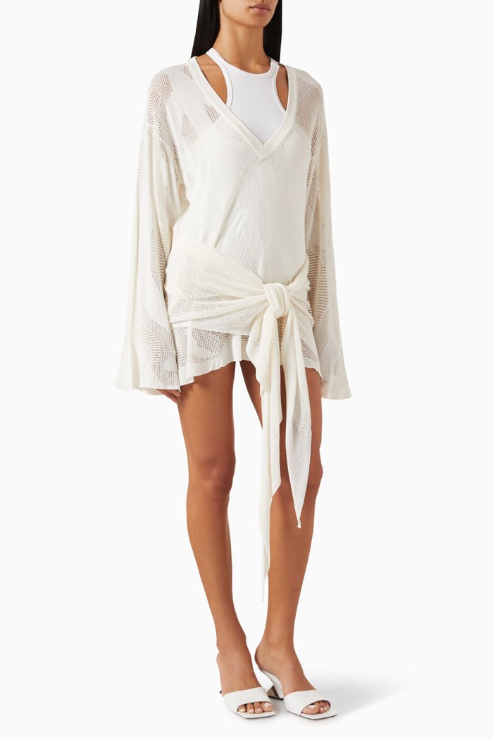 

Front Tie Cover-up Dress in Mesh, White