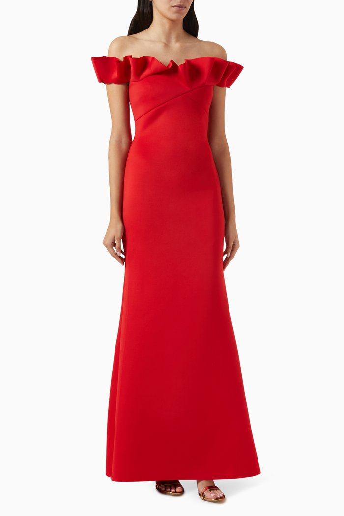 

Criss Cross Off-shoulder Gown in Stretch Scuba, Red