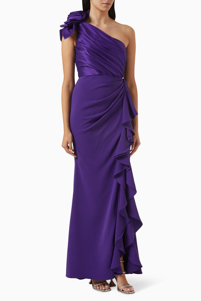 

One-shoulder Rose Gown in Mikado & Crepe, Purple