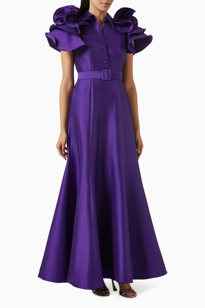 

Belted Ruffle-sleeve Gown in Mikado, Purple