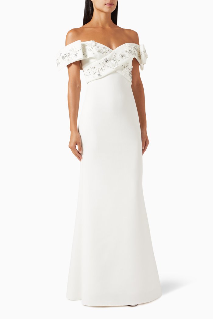 Beaded Off-Shoulder Gown in Stretch Scuba, White