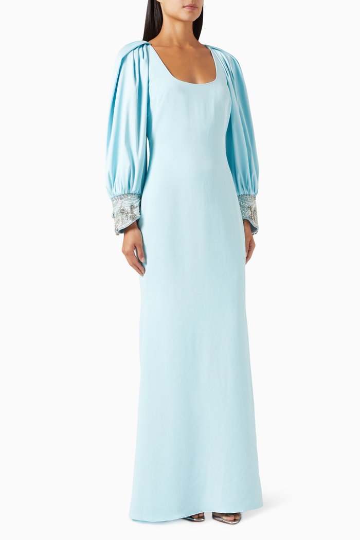 Bead-embellished Column Gown in Stretch Crepe, Blue
