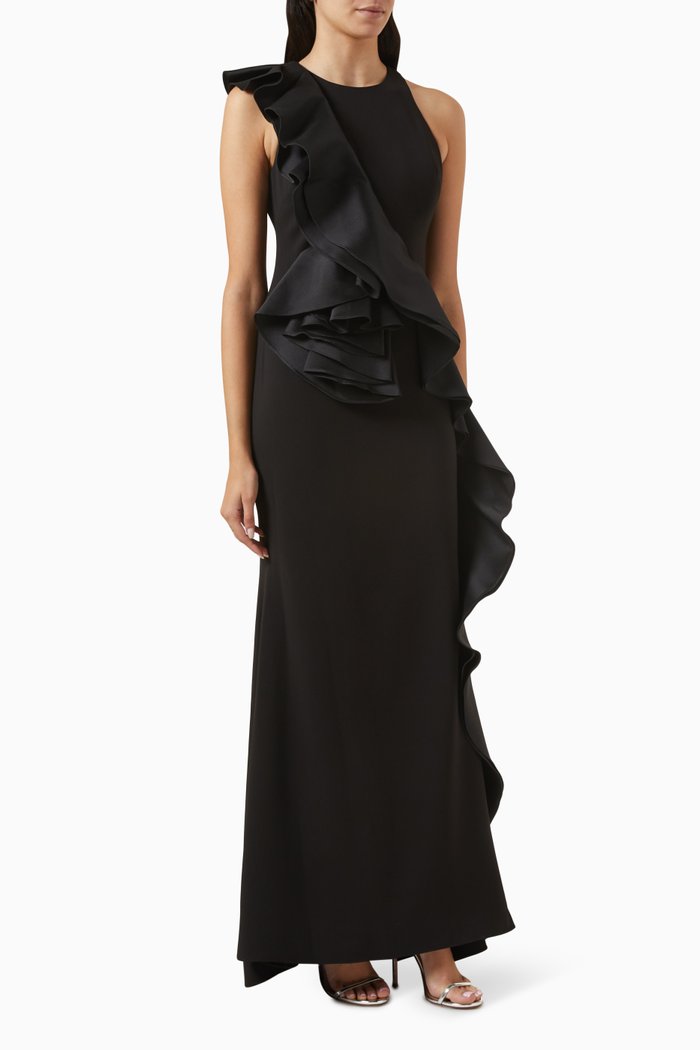 

Ruffle-trim Column Gown in Stretch Crepe, Black