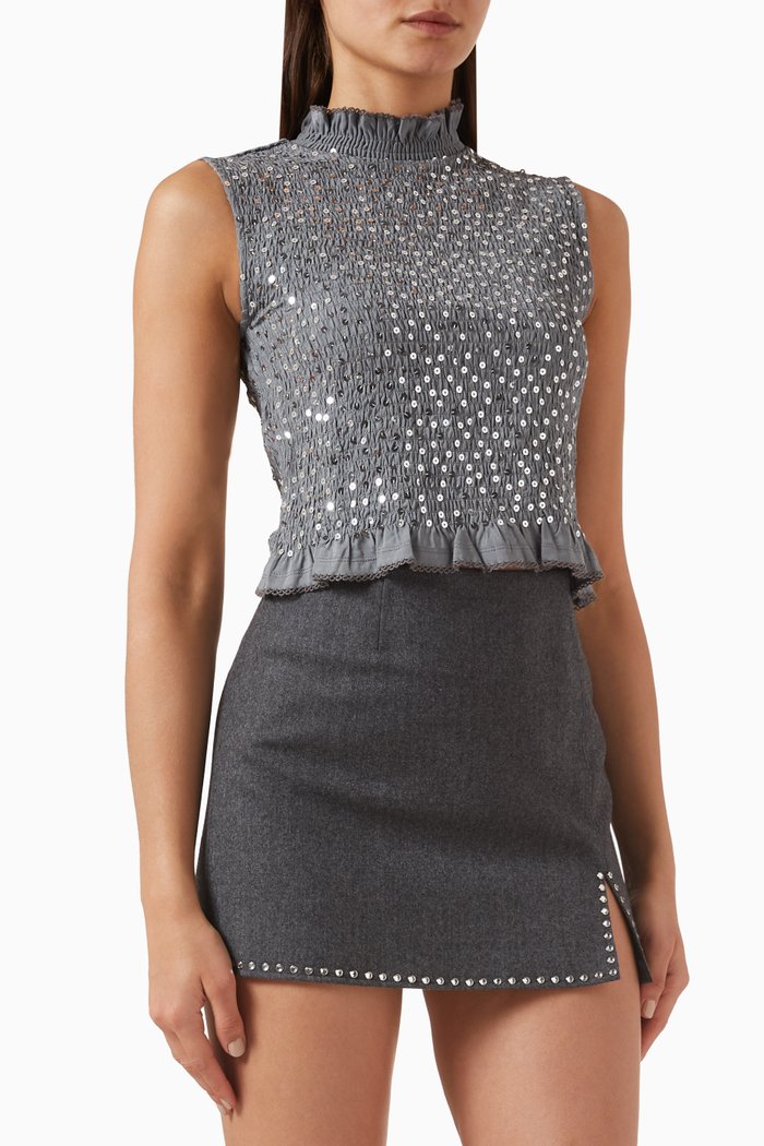 

Smocked Sequinned Top in Viscose Jersey, Grey