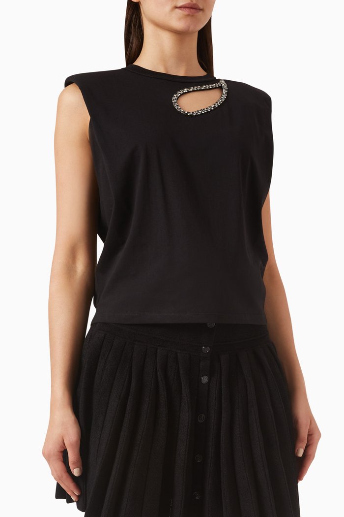 

Embellished Cut-out T-shirt in Cotton, Black