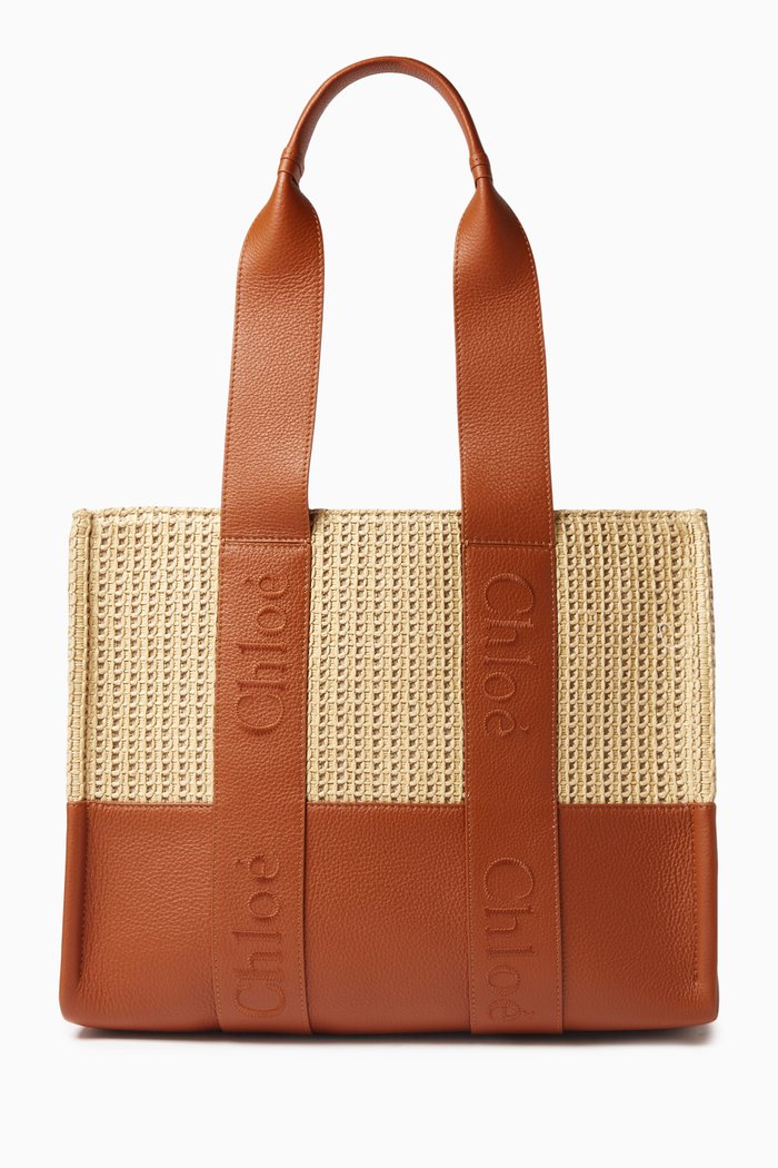 

Medium Woody Tote Bag in Raffia & Leather, Brown