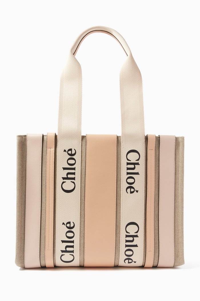 

Woody Medium Tote Bag in Linen & Leather, Pink