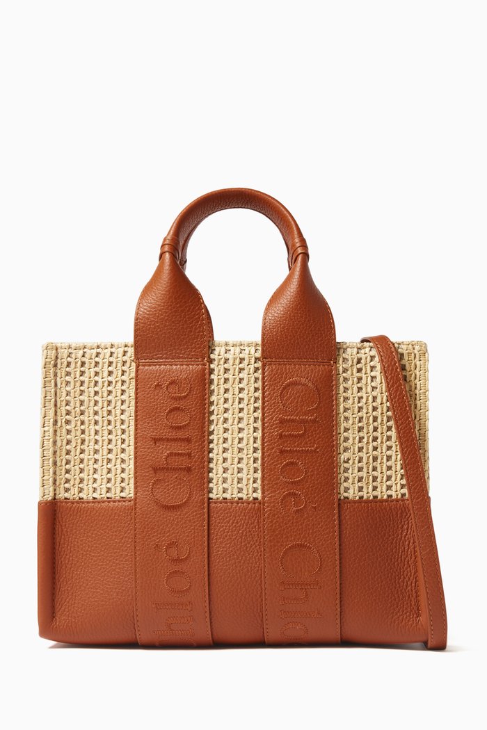 

Small Woody Tote Bag in Raffia & Leather, Brown