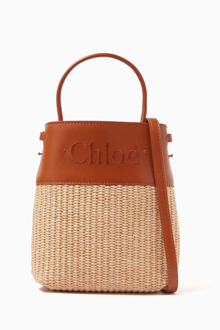 

Micro Sense Tote Bag in Raffia & Leather, Brown