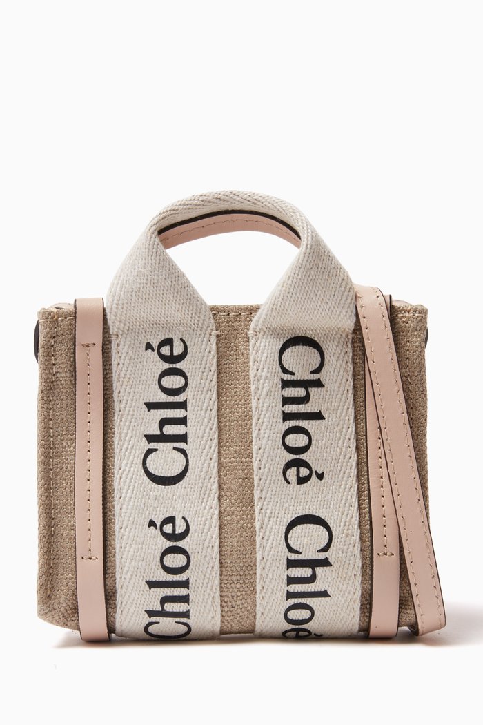 

Mini Woody Tote Bag in Linen Canvas & Calfskin, Pink