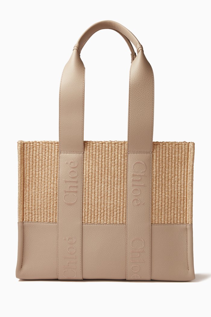 

Medium Woody Tote Bag in Raffia and Leather, Grey