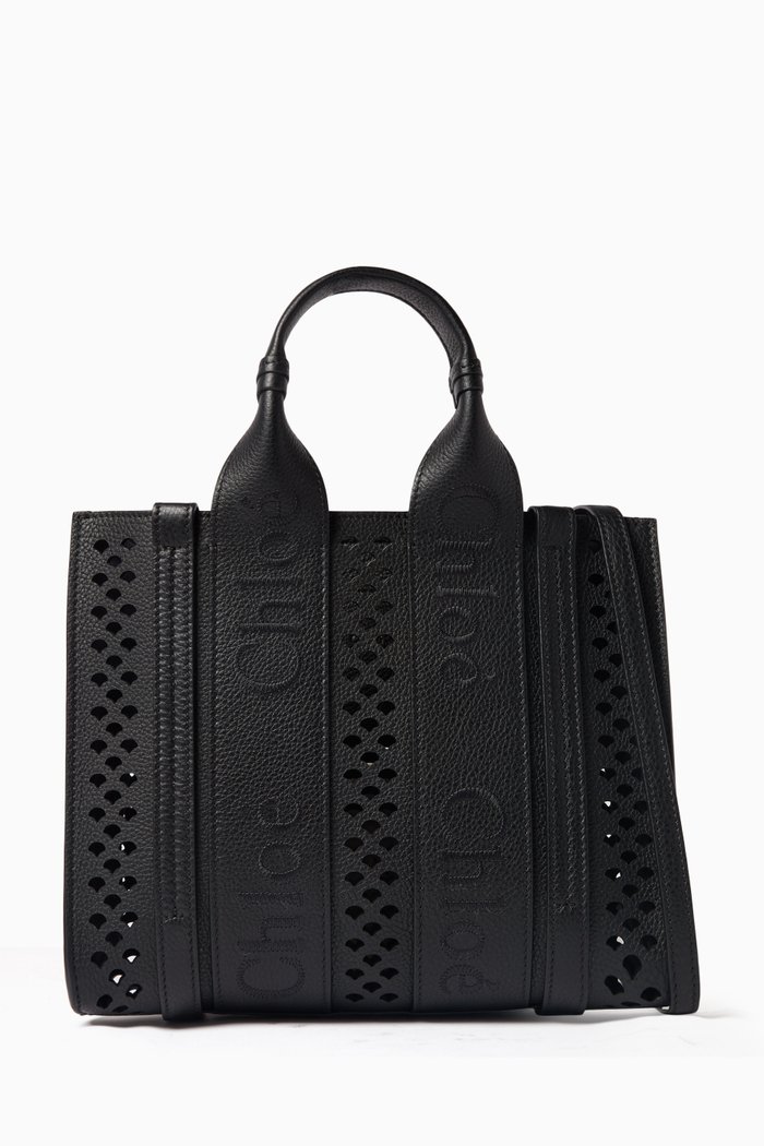

Small Woody Embroidered Tote Bag in Calfskin Leather, Black