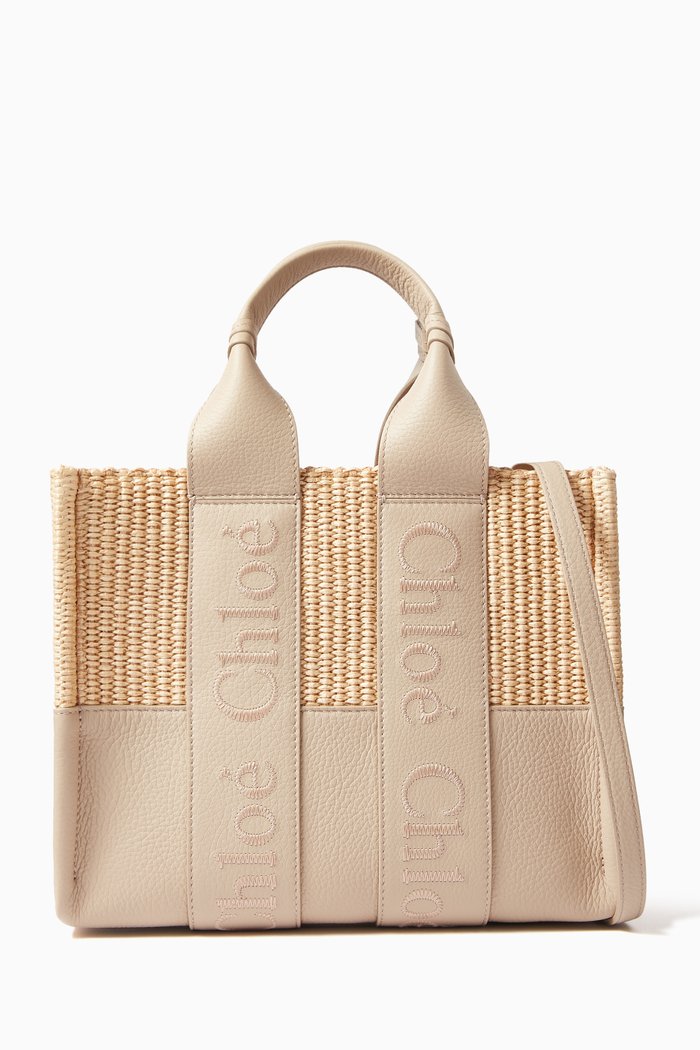 

Small Woody Tote Bag in Raffia and Leather, Grey