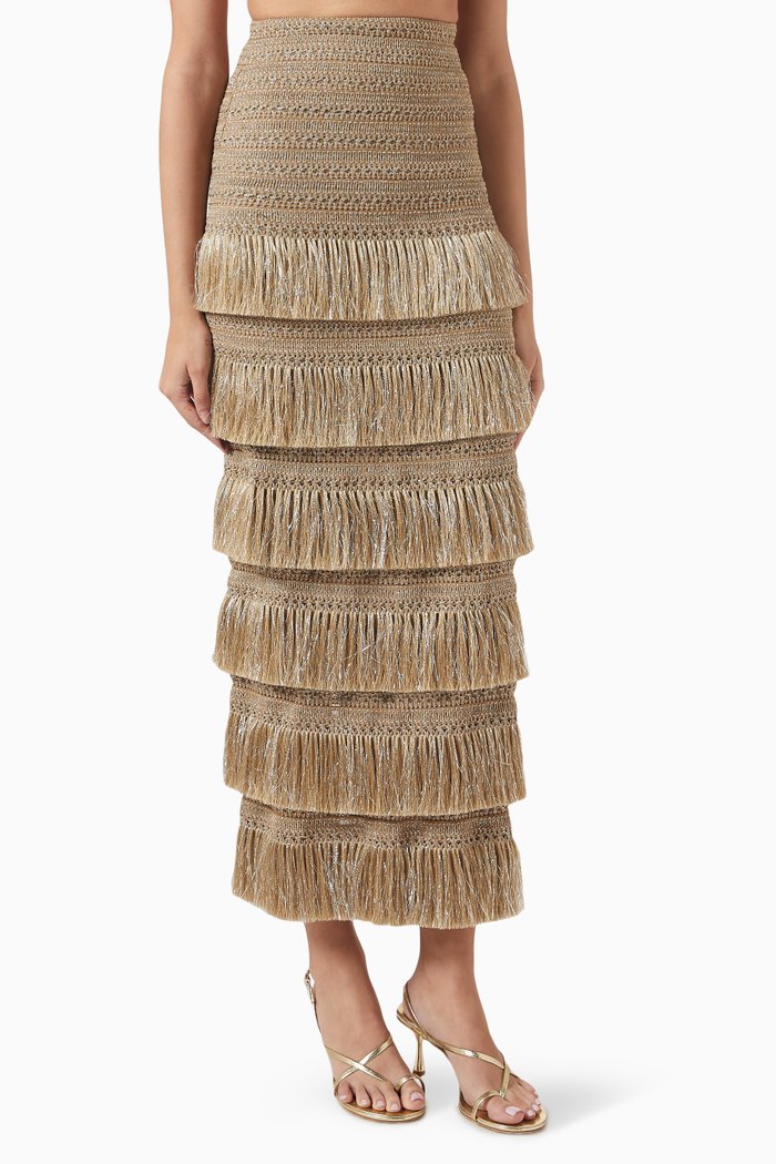 

Zip Fringe Maxi Skirt, Gold