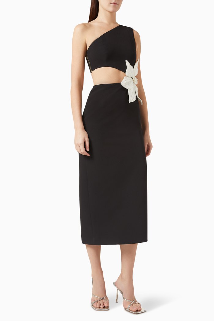 Flower Applique Midi Dress, Black