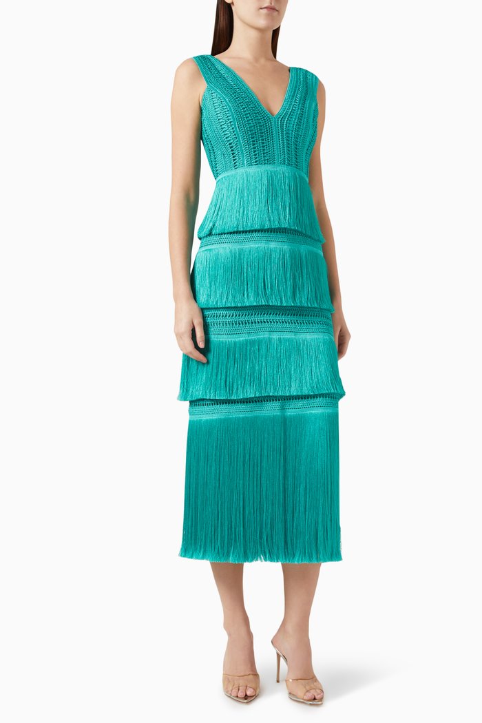 

Plunging Fringe Midi Dress, Blue