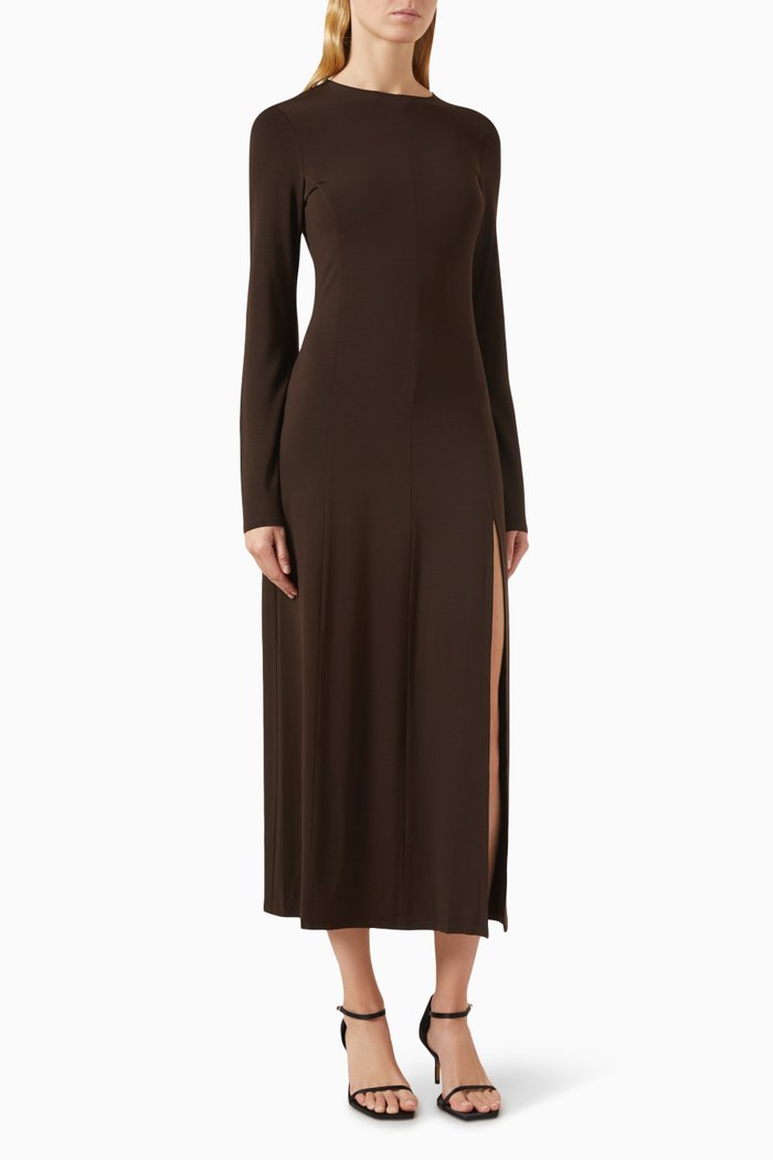 Side-slit Maxi Dress in Stretch-viscose, Brown