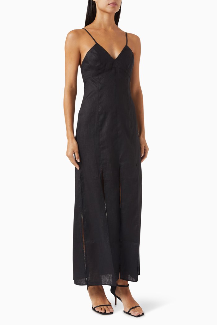 

Fringed Maxi Dress in Linen, Black