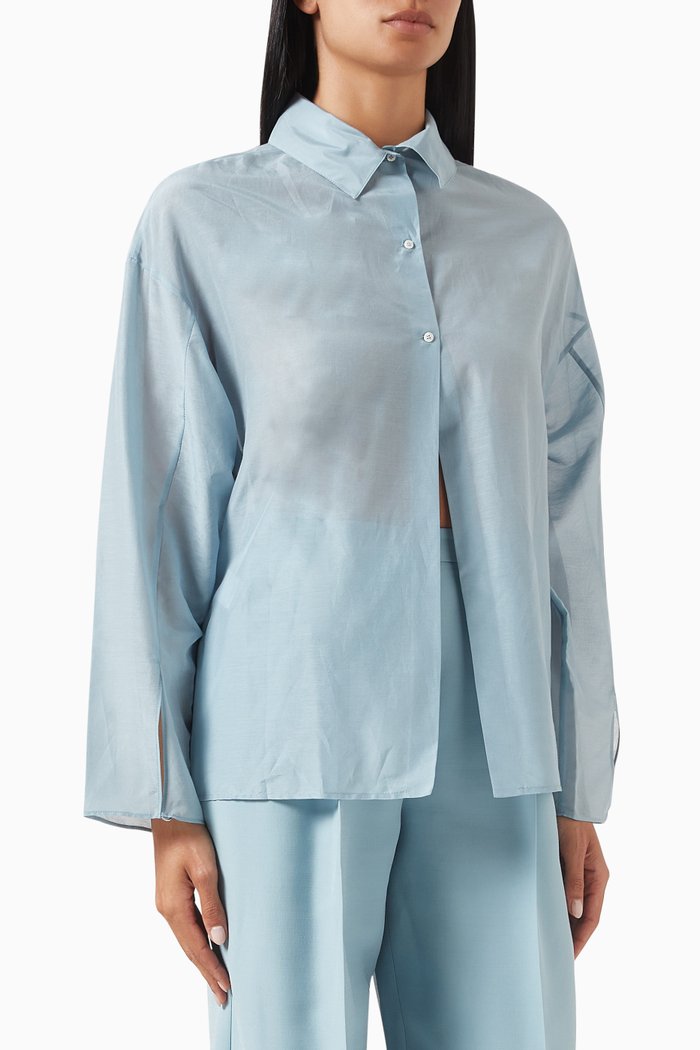 High-neck Blouse in Cotton-silk Blend, Blue