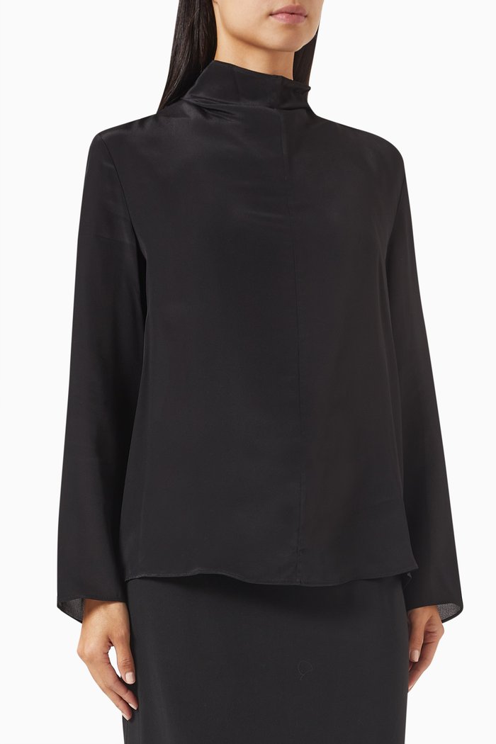 High-neck Blouse in Viscose-silk Chiffon, Black