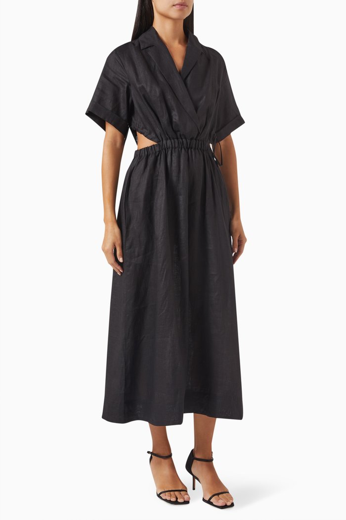 

Cut-out Midi Dress in Linen, Black