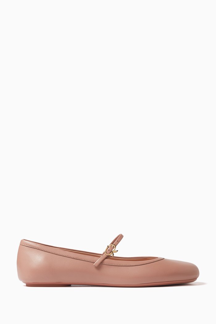 Carla Ribbon-buckle Ballerina Flats in Leather, Pink