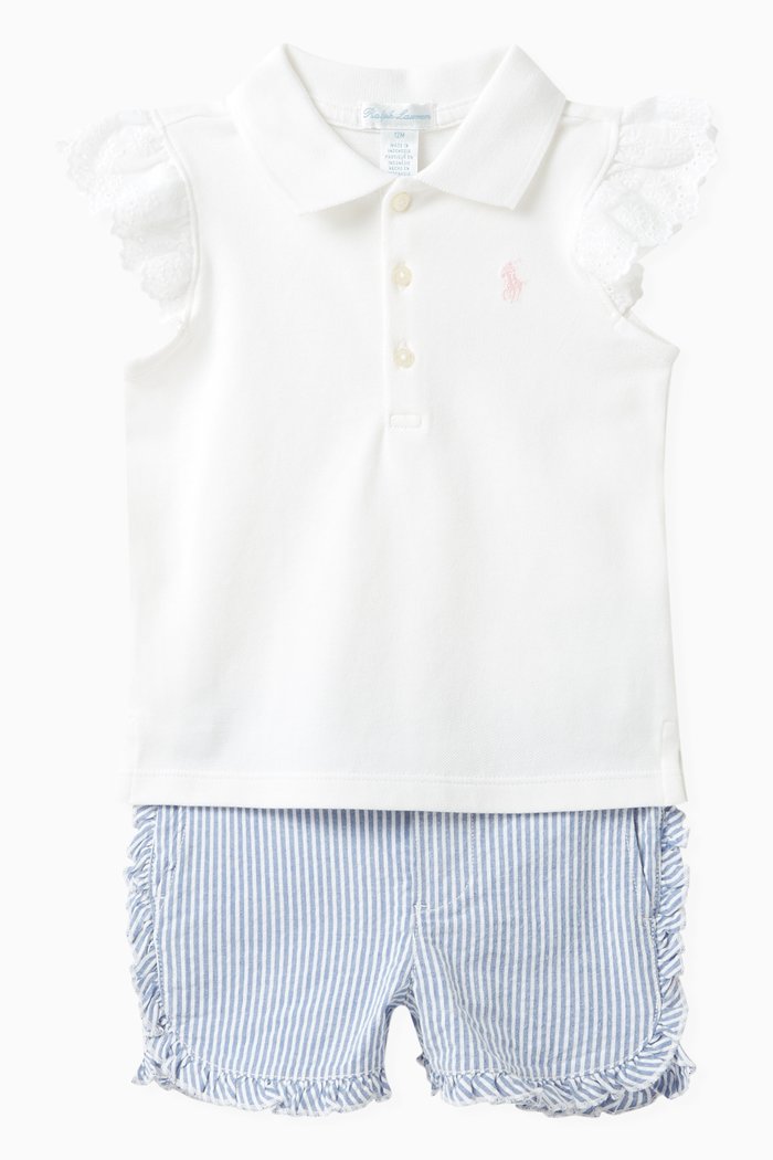 Polo Shirt and Shorts Set in Cotton Blend, Blue