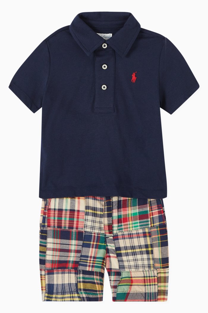 Madras Polo Shirt & Shorts Set in Cotton, Blue