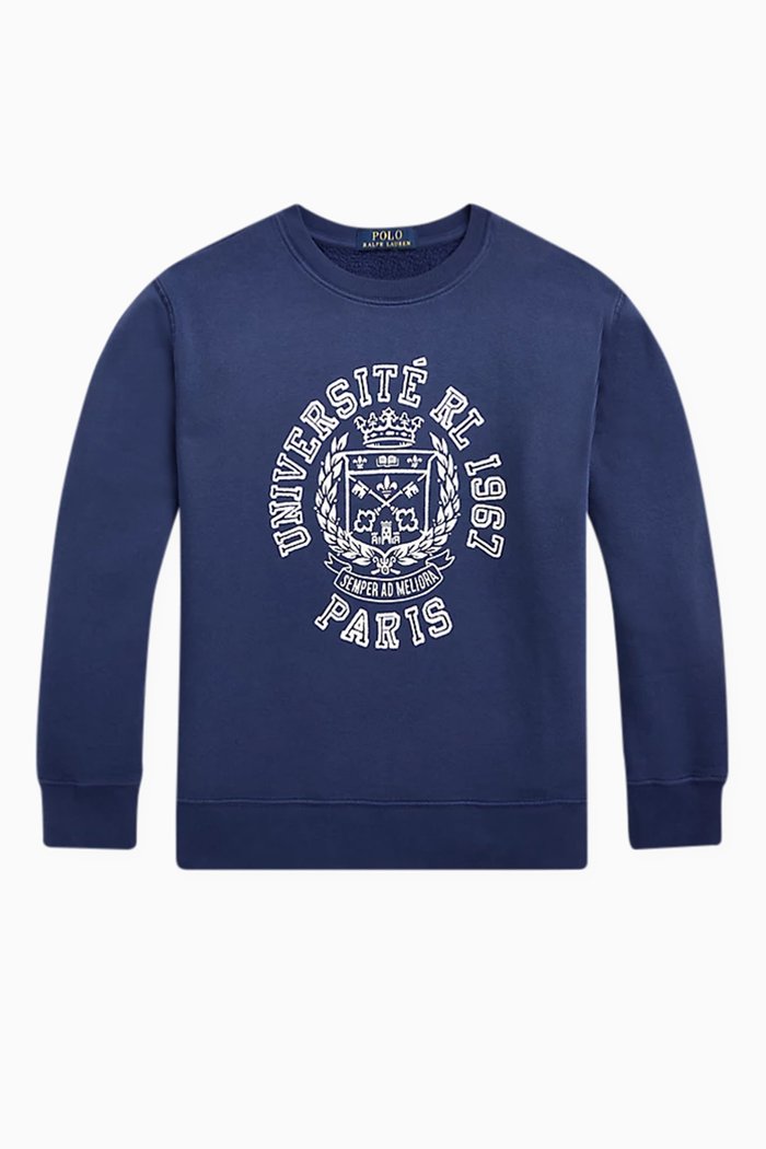 

Graphic Pullover in Cotton-blend Fleece, Blue
