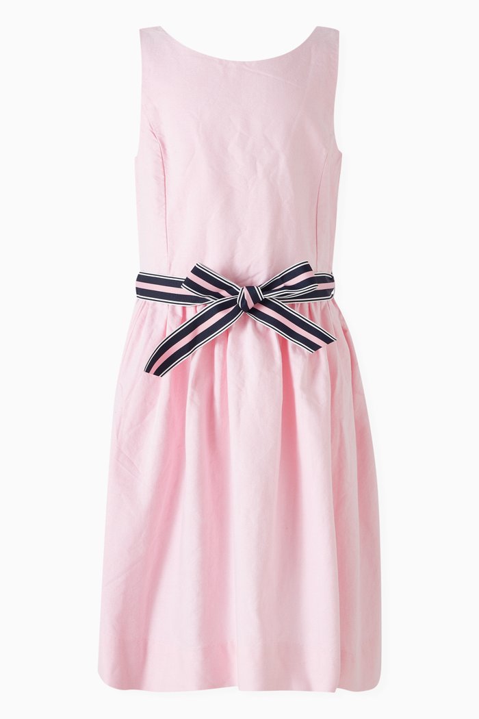 

Striped Tie-belt Dress in Cotton, Pink
