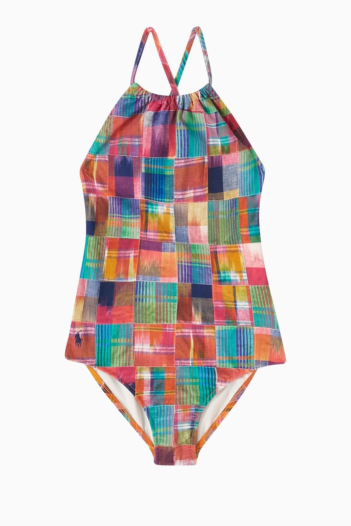 

Patchwork Plaid One-piece Swimsuit, Multicolour