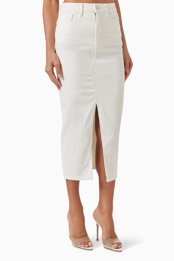 

Slit Front Midi Skirt in Cotton-denim, White