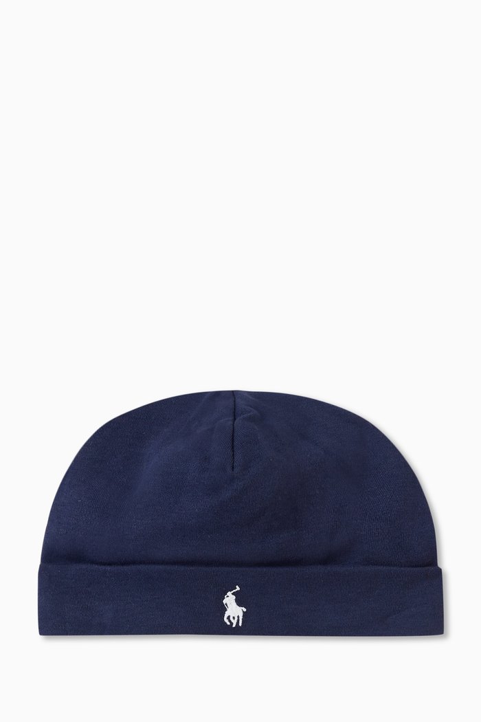 

Embroidered Logo Beanie Hat in Cotton, Blue