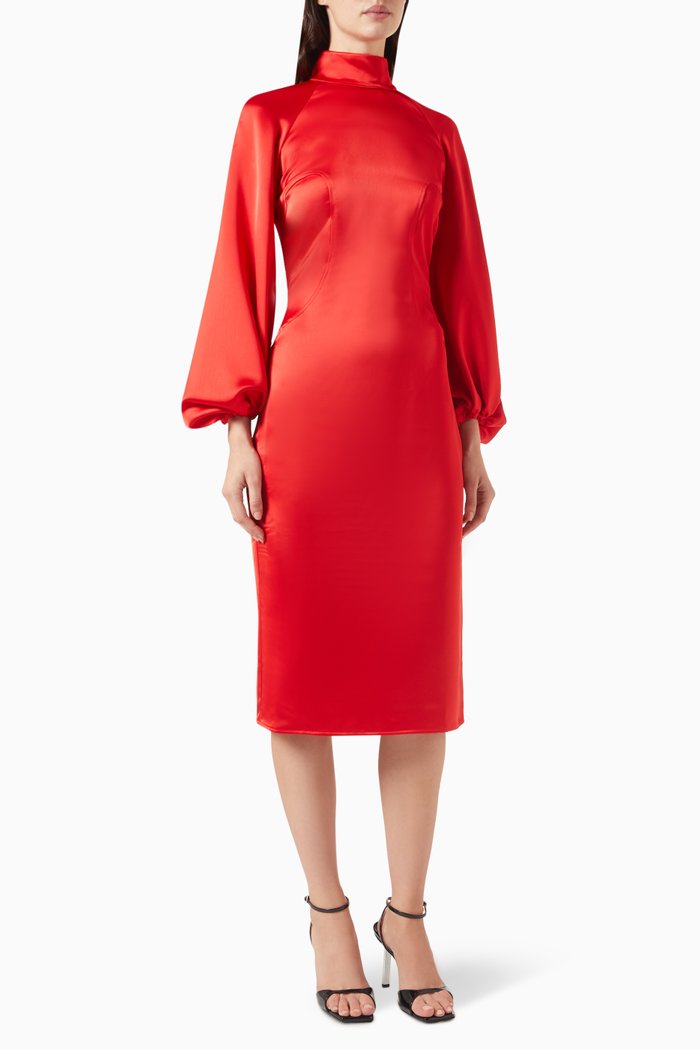 

Balloon-sleeve Midi Dress in Satin, Red