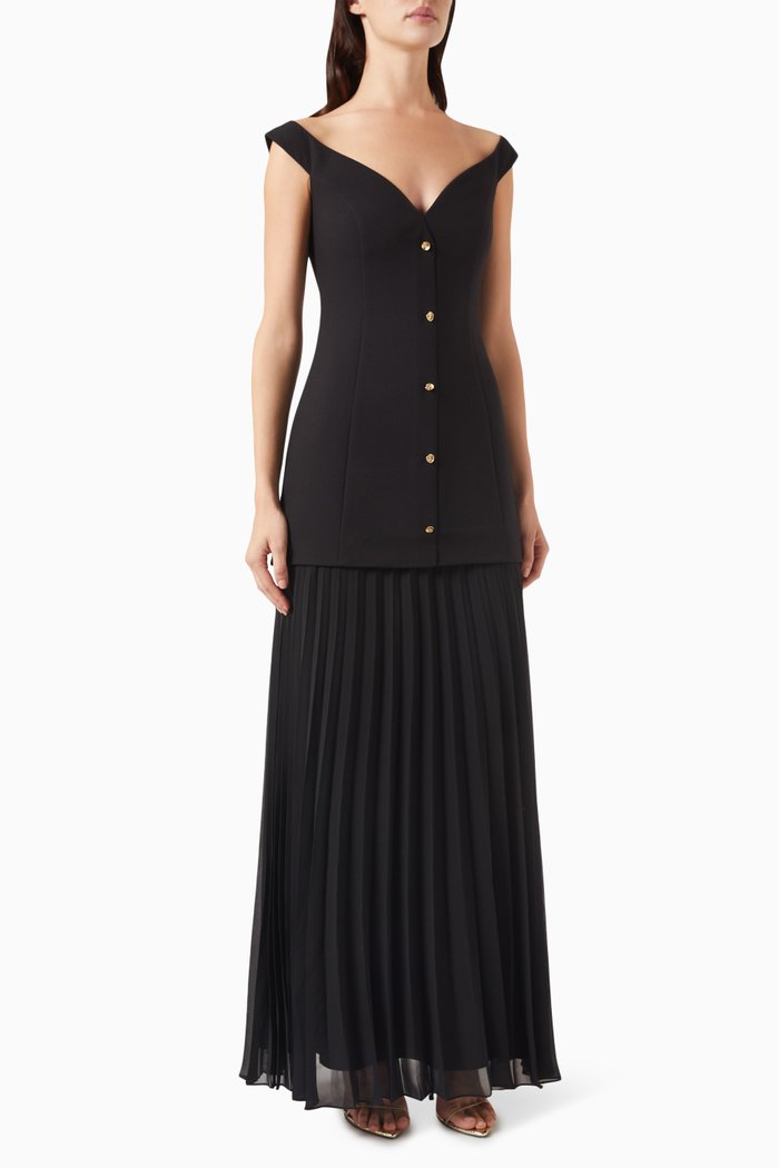 

May Pleated Maxi Dress in Viscose, Black