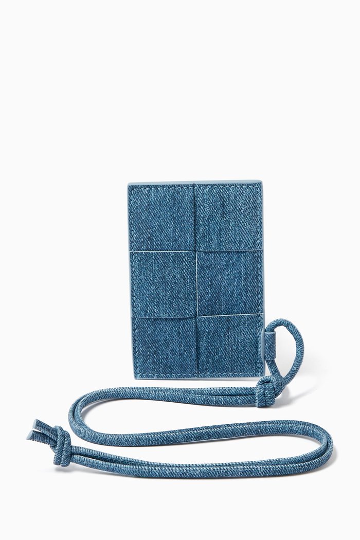 Denim-print Cassette Badge Holder in Intreccio leather, Blue