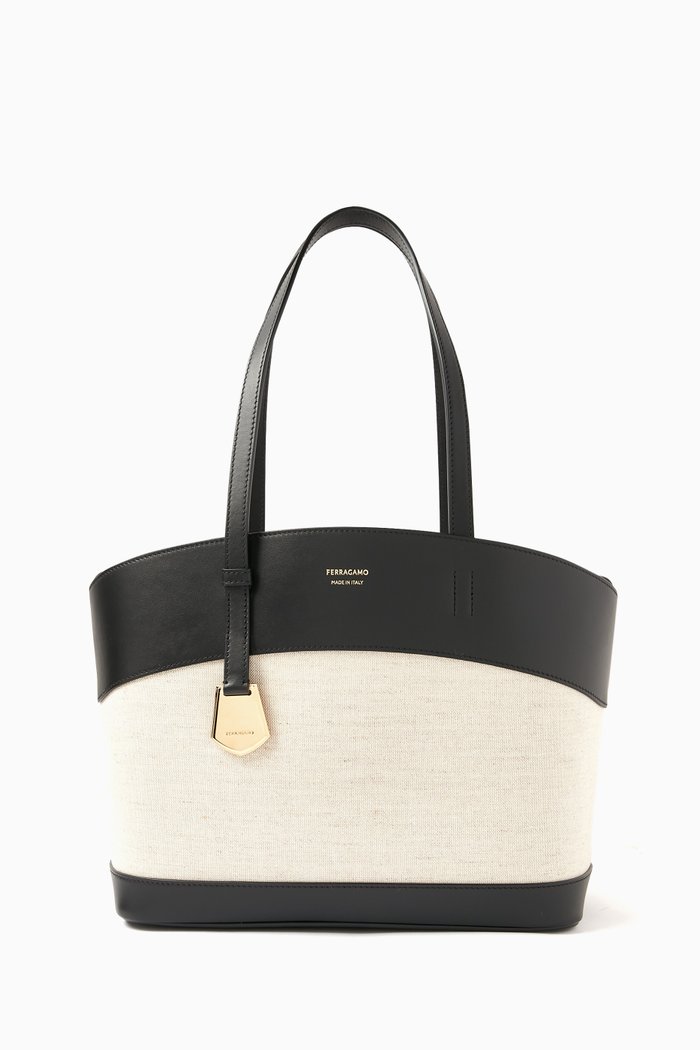 Charming Tote Bag in Leather & Canvas, Black