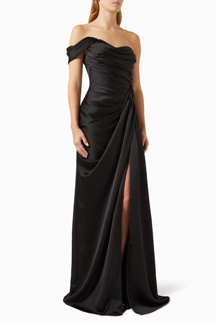 

Mirela Off-shoulder Draped Maxi Dress in Satin, Black