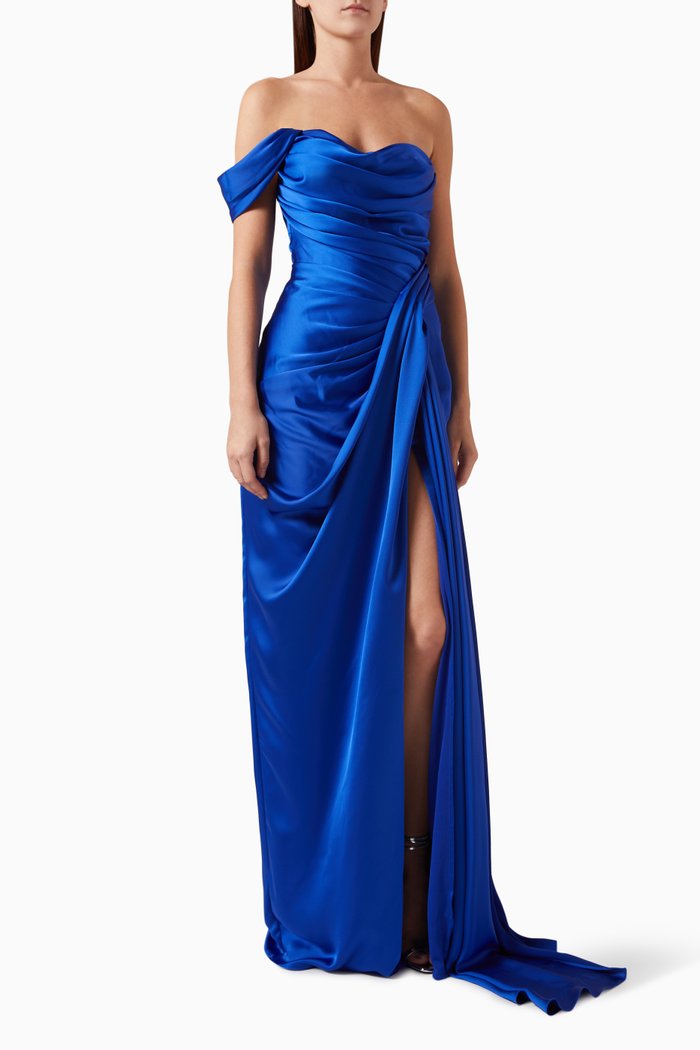 

Mirela Off-shoulder Draped Maxi Dress in Satin, Blue