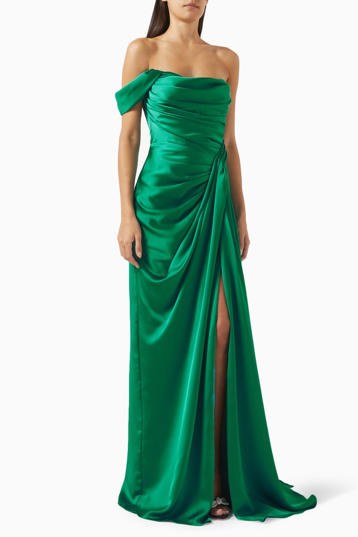

Mirela Off-shoulder Draped Maxi Dress in Satin, Green