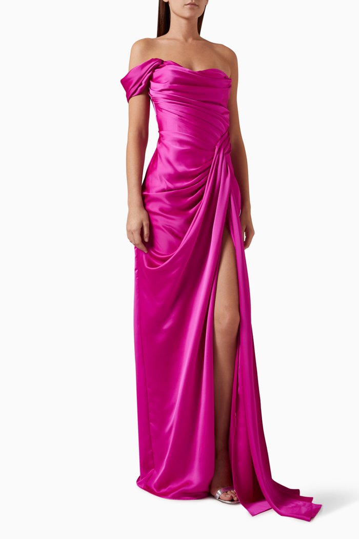

Mirela Off-shoulder Draped Maxi Dress in Satin, Pink