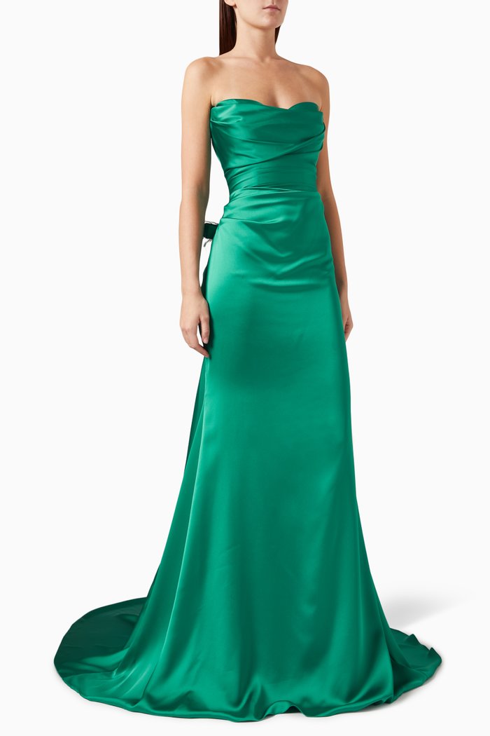 

Sherly Lace-up Gown in Satin, Green