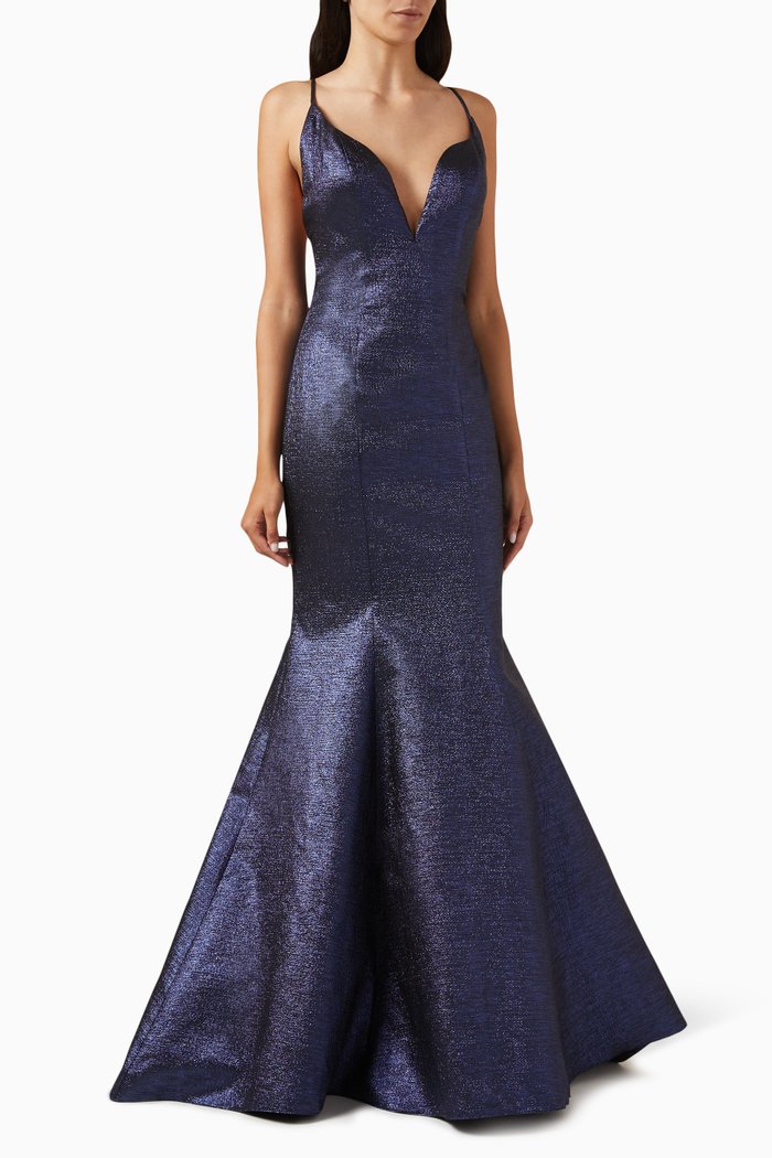 

Indya Mermaid Maxi Dress in Jacquard, Blue