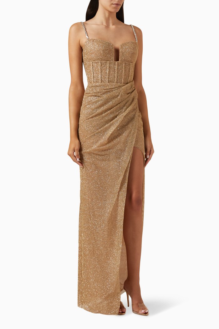 

Hilary Maxi Dress in Glitter Fabric, Gold