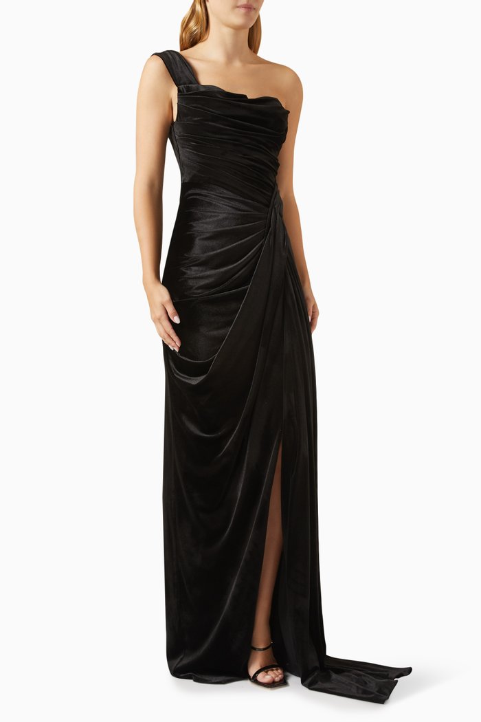 

Velvet One-shoulder Maxi Dress, Black