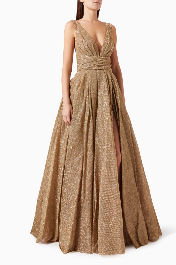 Lover Open-back Gown in Glitter Fabric, Gold