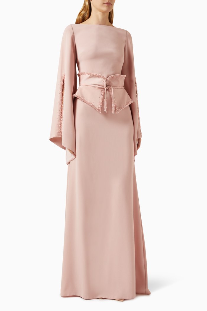 

Lost Elbise Belted Maxi Dress in Crepe, Pink